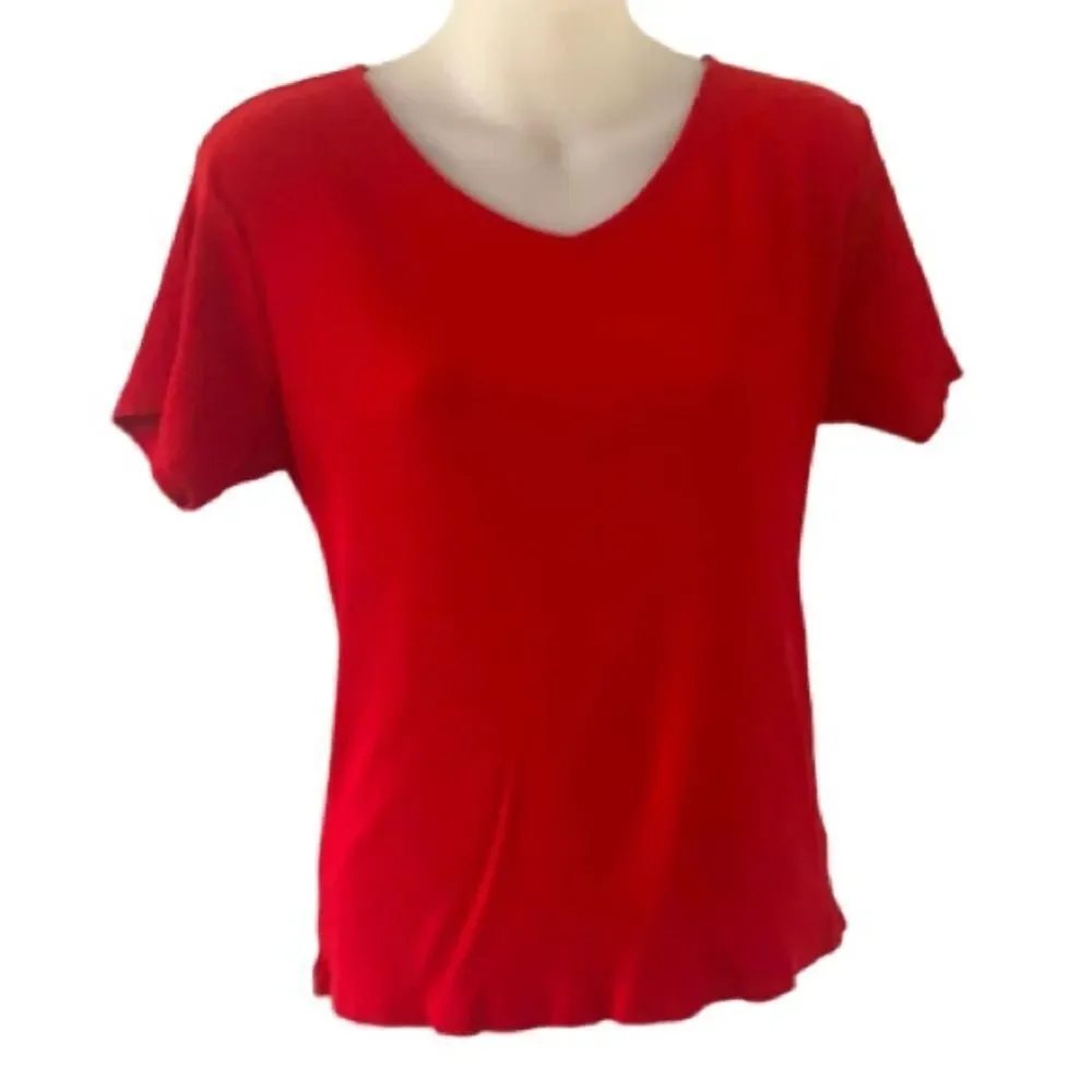 St. John’s Bay Red Ribbed V-Neck Short Sleeve Top Cotton Stretch — Size M